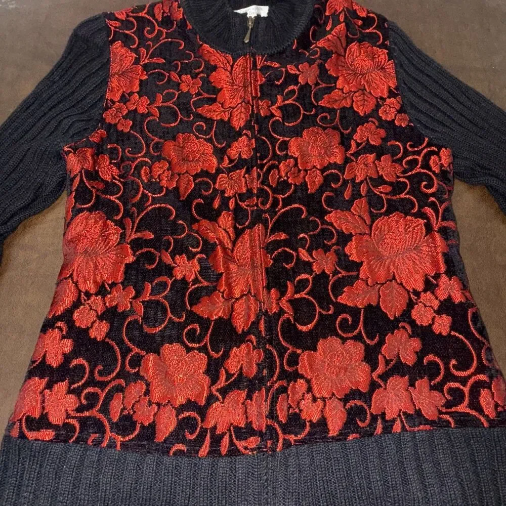 CHRISTOPHER & BANKS Black Zip Cable Sweater w/ Bright Red 